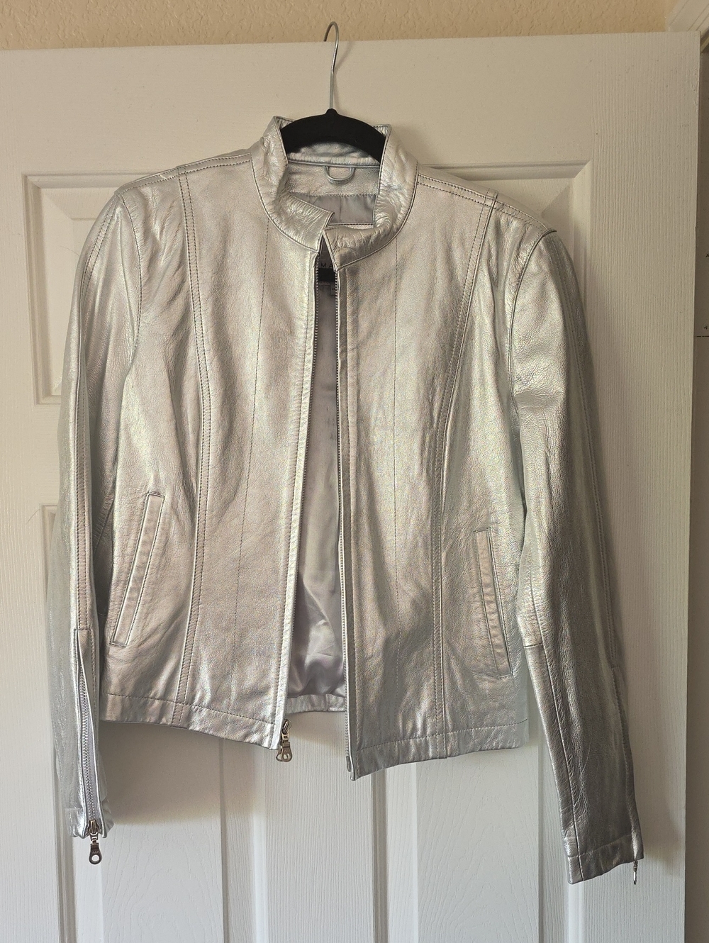 Wilsons Leather Metallic Silver Zip-Front Leather Jacket - Women